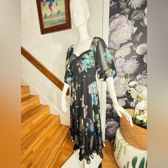 Anthropologie Hutch Puff-Sleeve Twist Iridescent Midi Dress/  XS - Picture 5 of 9